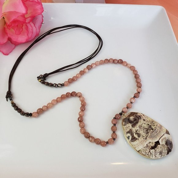 Large Gray & White Jasper Stone Pendant on Brown Cord Necklace Pink Agate Beads - Picture 11 of 12